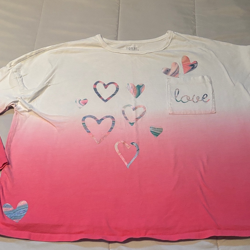 Time and Tru Pink and White Heart Long Sleeve Tee size L
